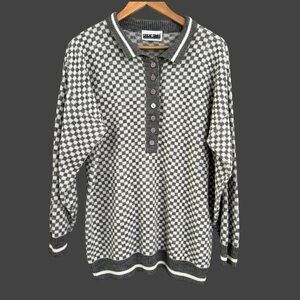 Vintage Checker Pattern Collared Sweater Size XL Gray White